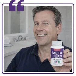 Lifestyle photograph of a man holding a MetaBurn bottle, supplied with the product assets